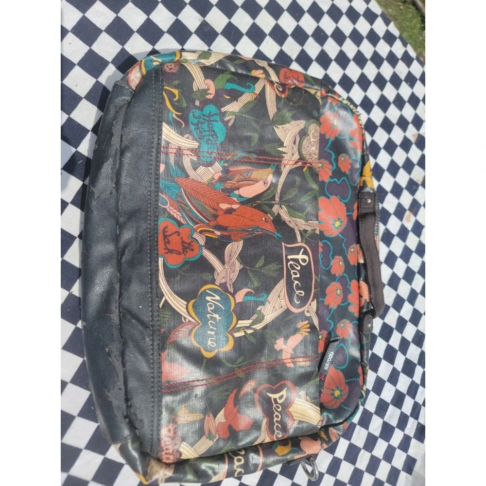 Sakroots Peace Nature Floral Bird Tote Handbag Black Coated Canvas‎